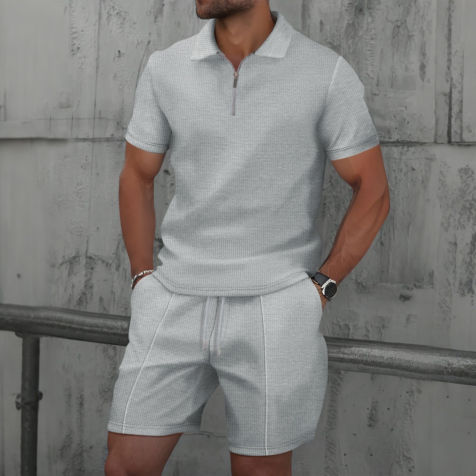 Men's regular fit short sleeve polo set with zip neck, breathable fabric in versatile colorway