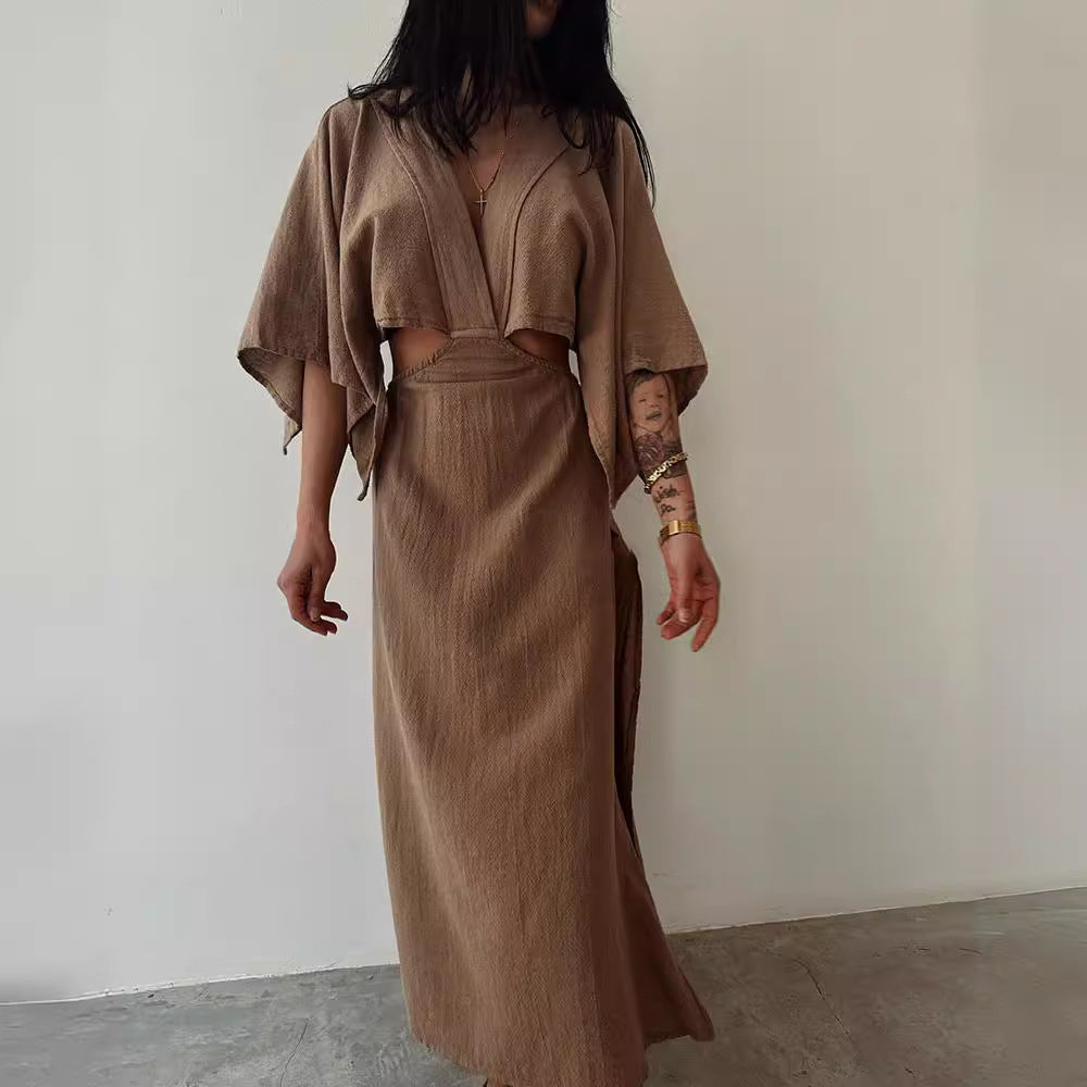 Women's slim fit maxi dress cotton linen blend V-neck cut-out waist breathable beach resort style