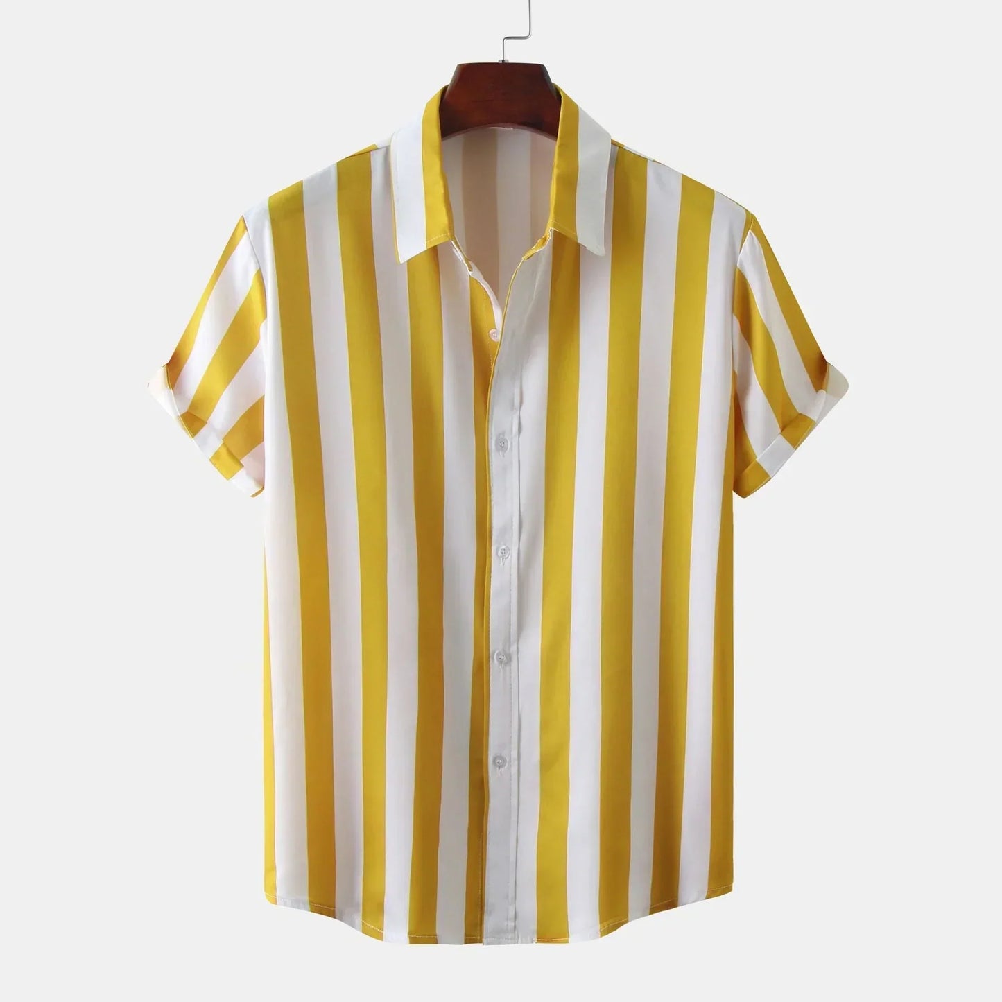 Men's short sleeve button-down shirt navy vertical stripes slim casual elegant everyday style