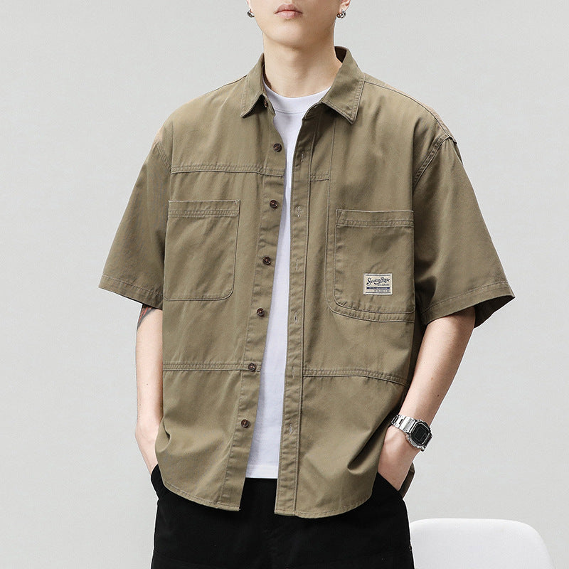 Men's faded wash oversized cargo shirt short sleeve breathable cotton reinforced seams streetwear