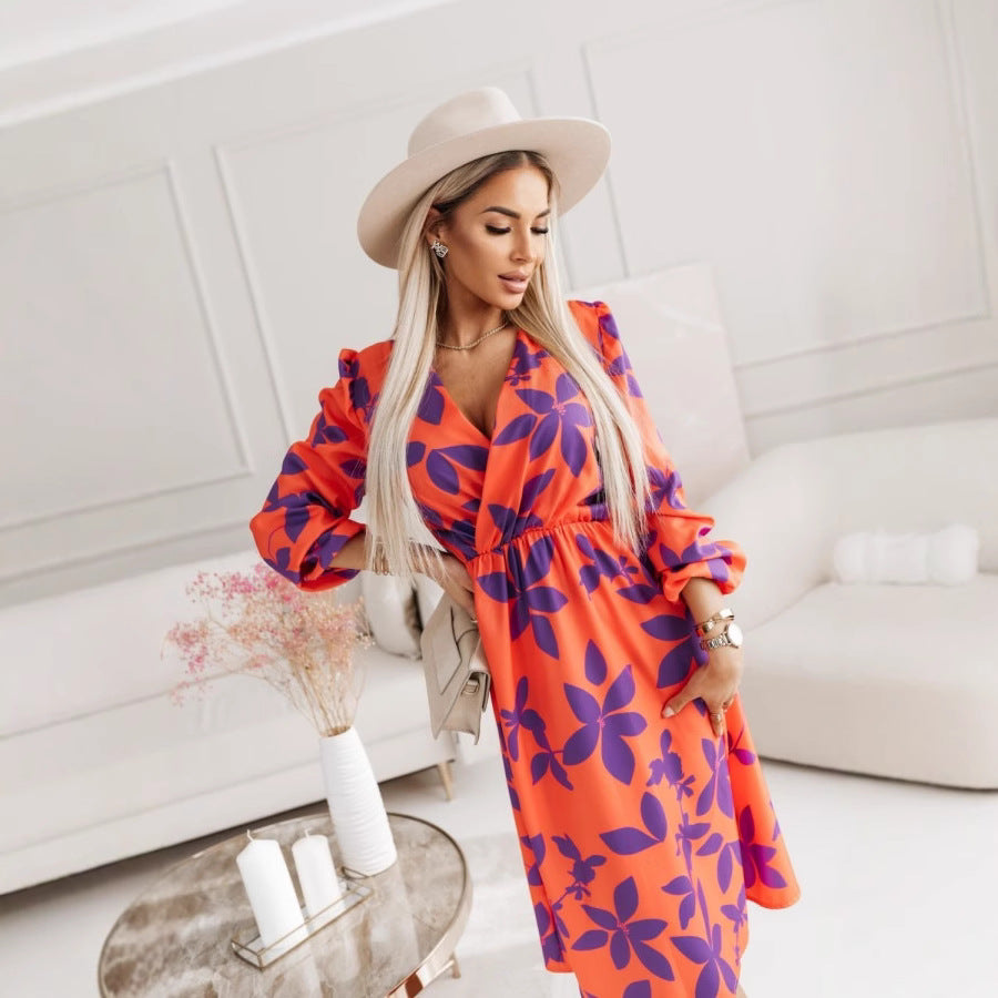 Women's floral midi dress V-neck puff sleeves fitted A-line silhouette spring summer style
