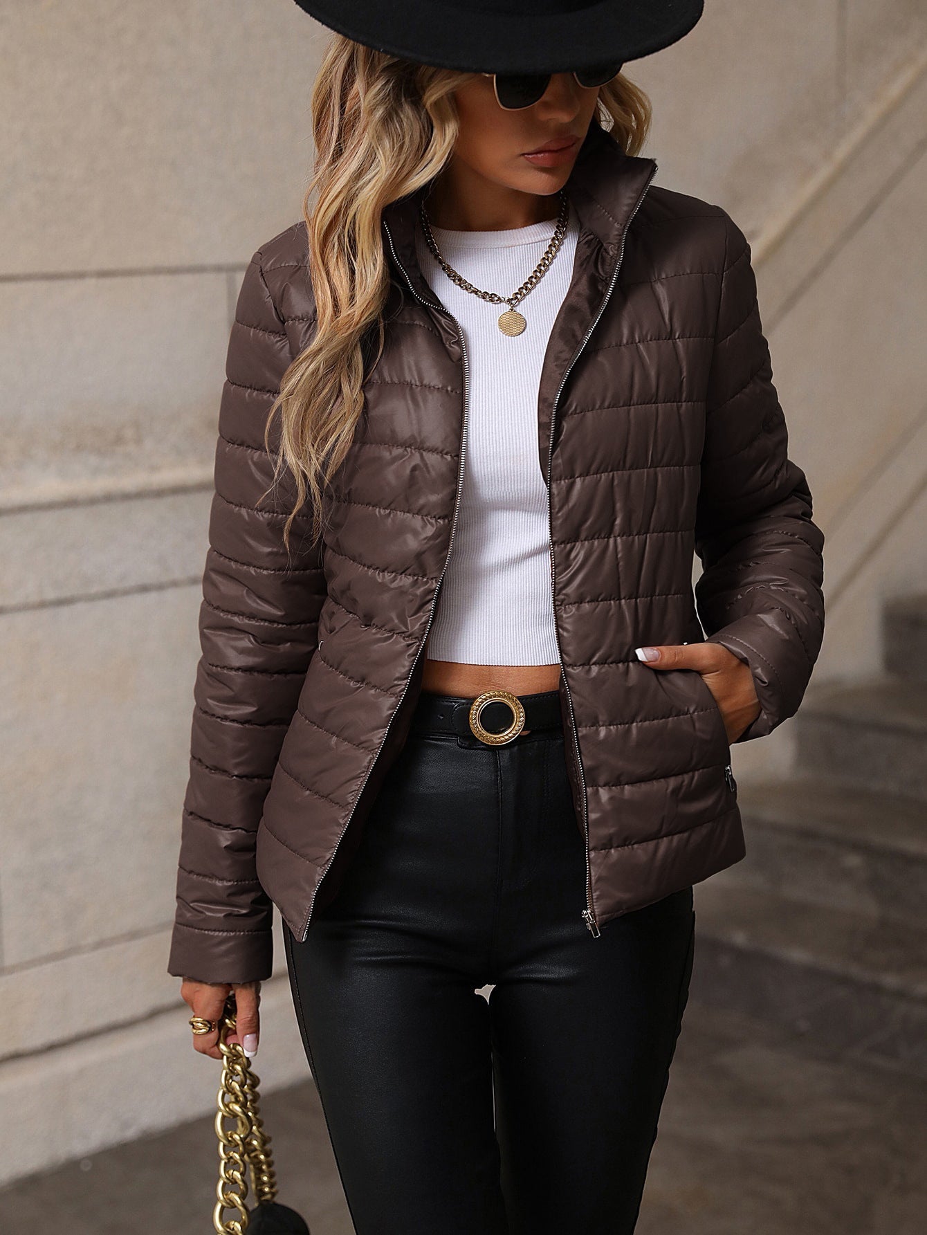 Women's shiny quilted jacket tailored fit half high collar zip front cotton blend everyday elegance