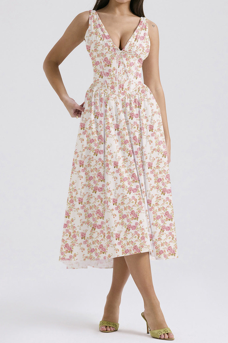 Floral midi dress women A-line sleeveless V-neck chic versatile fit with delicate print