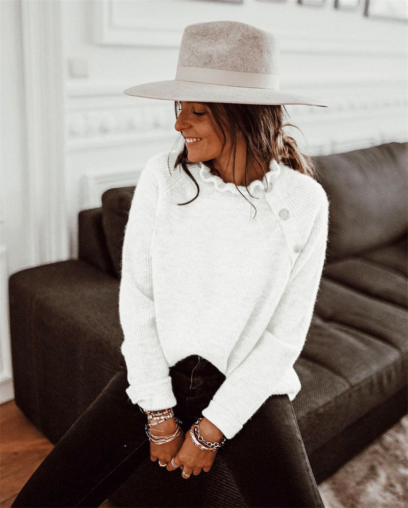 Women's wool blend knitted sweater relaxed fit with delicate ruffled neckline, cozy everyday style