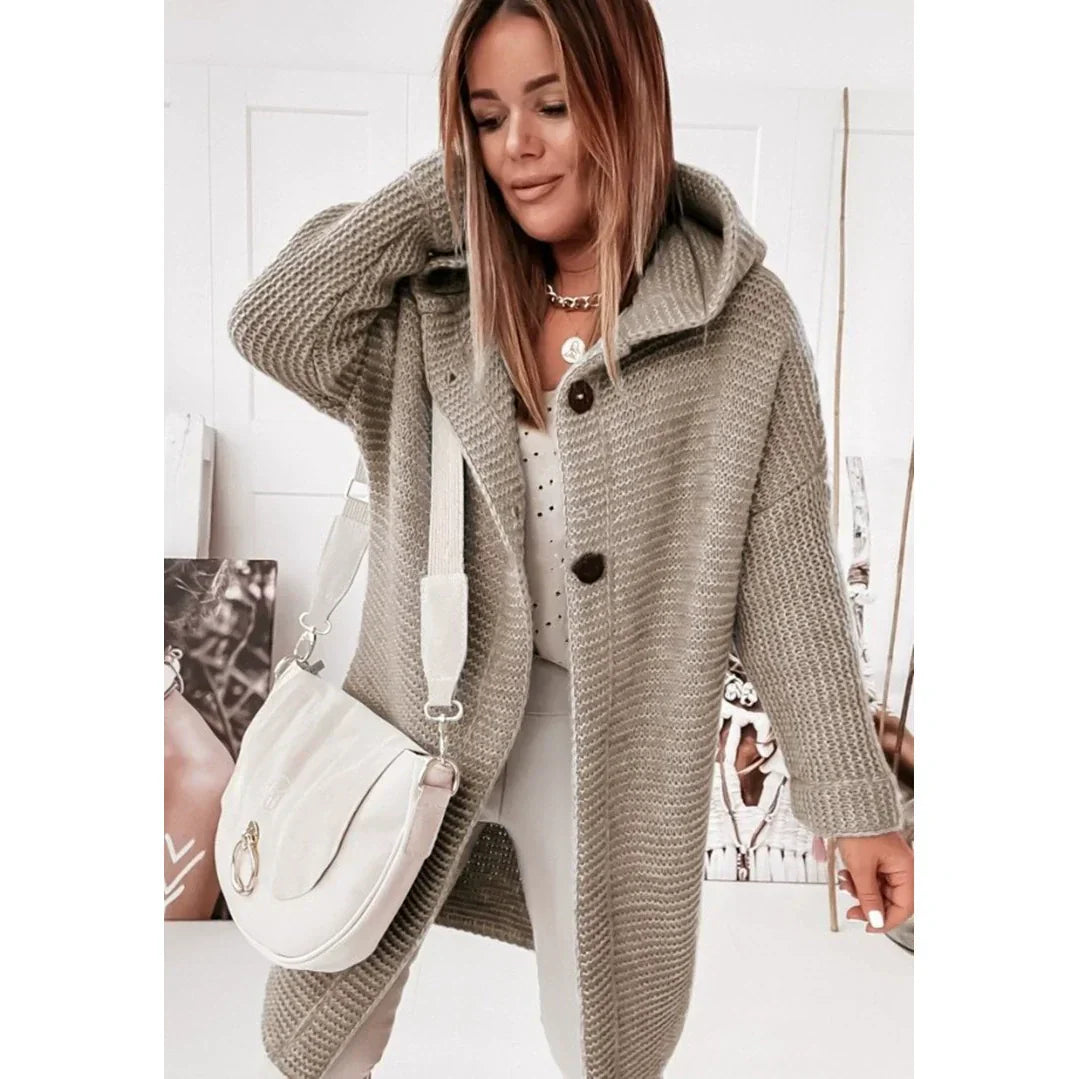 Women's hooded longline ribbed knit cardigan loose fit drop shoulder button-front cozy layer