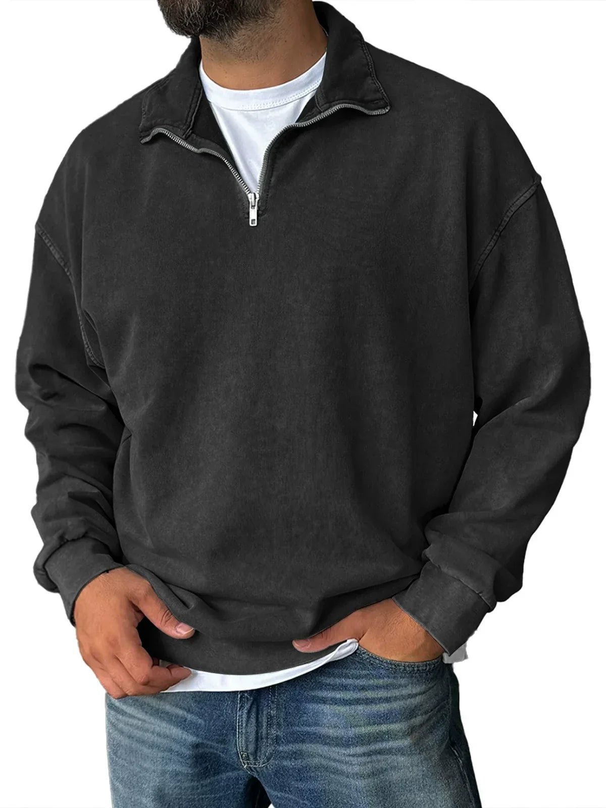 Men's gray relaxed fit half-zip sweatshirt with stand collar, cotton blend casual streetwear