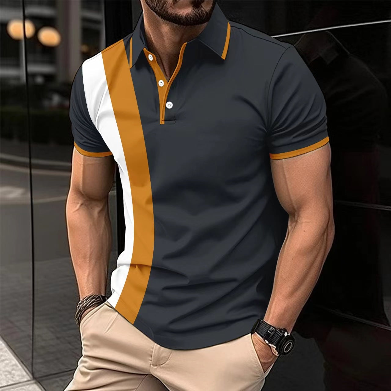 Men's slim fit navy blue polo shirt breathable cotton short sleeves elegant collar detail
