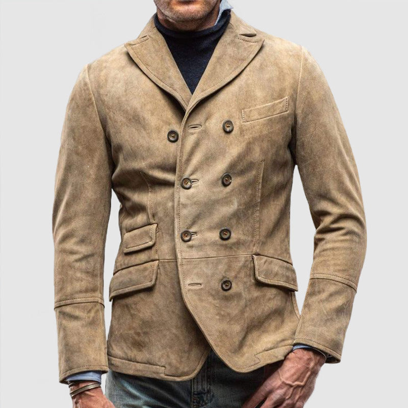 Men's double breasted suede-texture jacket tailored fit charcoal slim silhouette modern style