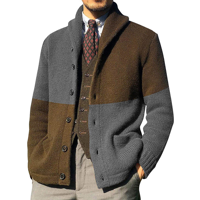 Men's relaxed-knit cardigan with rolled shawl collar, button front, and patch pockets in versatile style