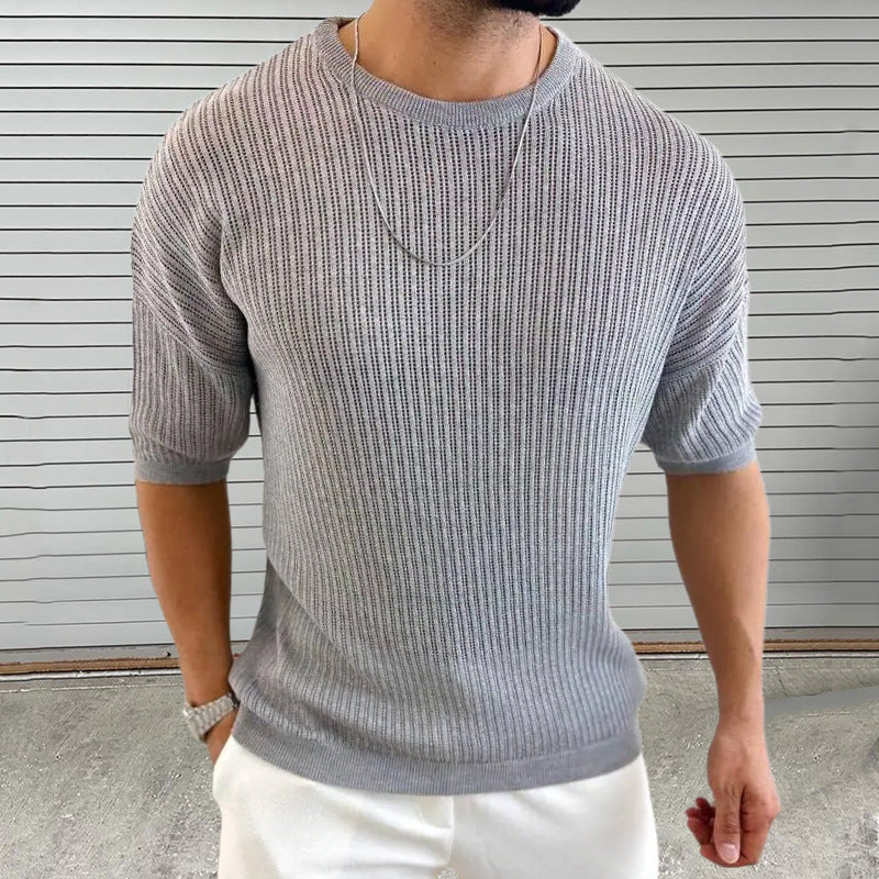 Men's slim fit short sleeve crew neck knit sweater in ribbed cotton texture, modern minimalist style