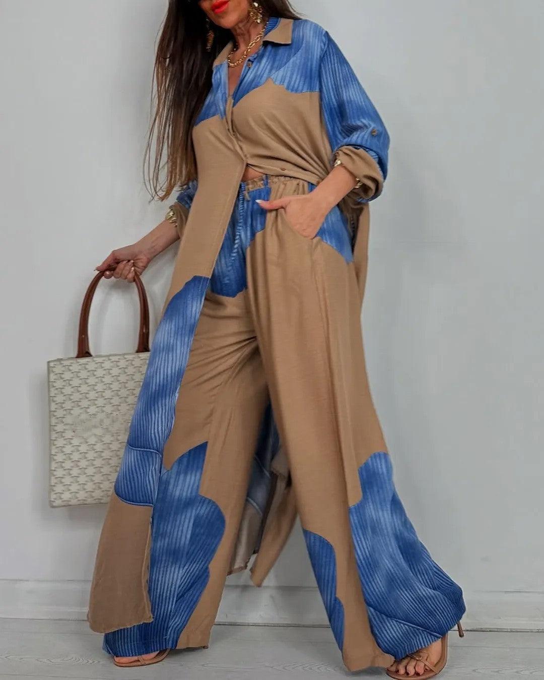 Women's patchwork oversized top and pants set, casual chic two-piece outfit with bold colorblock motif