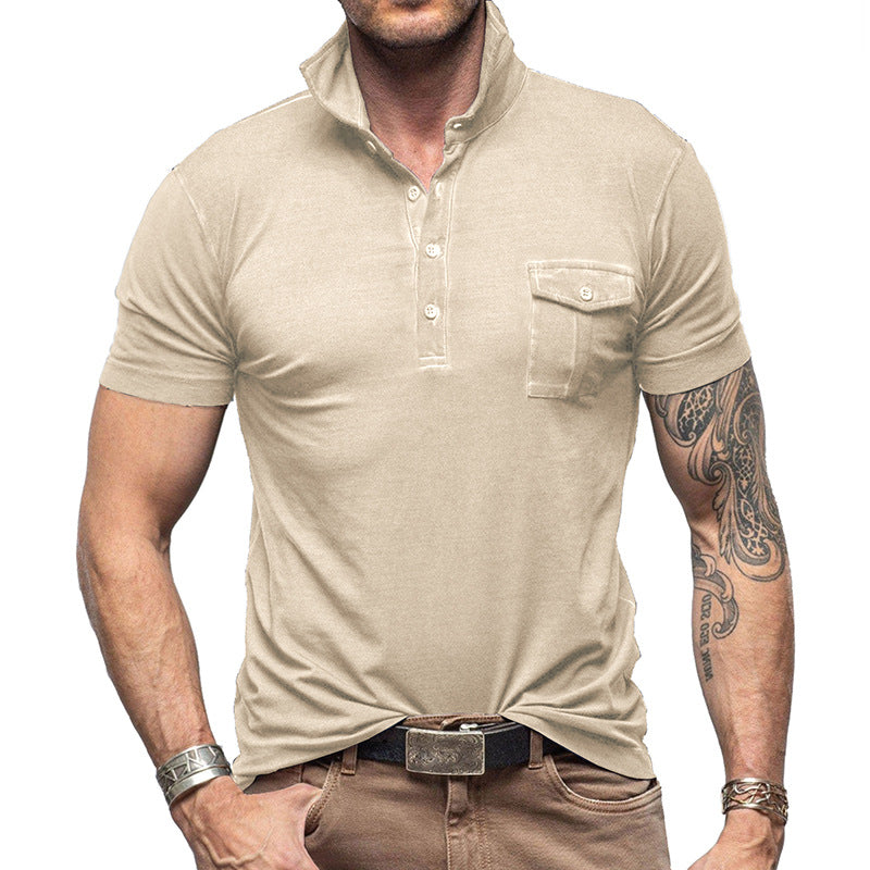 Men's slim fit breathable cotton polo shirt with stand collar and chest pocket, versatile casual style