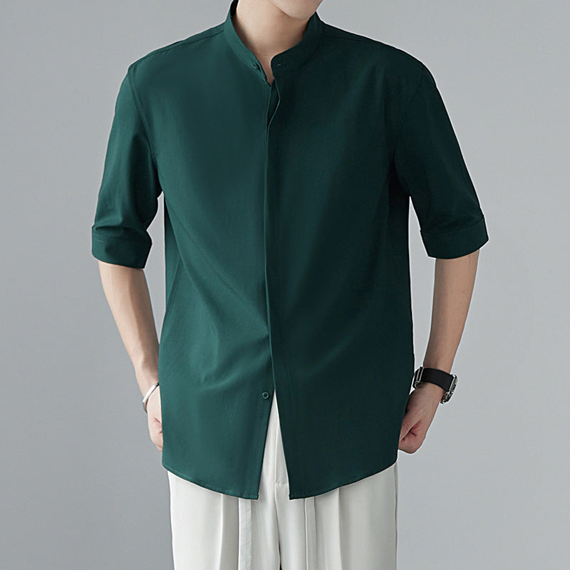 Men's relaxed fit breathable cotton shirt mandarin collar three-quarter sleeves casual everyday style
