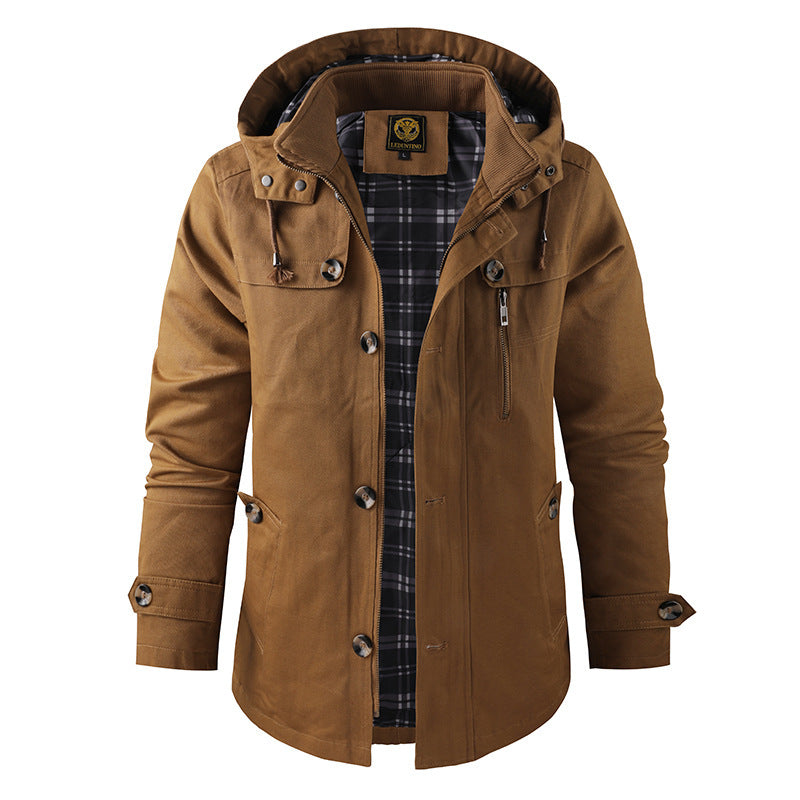 Men's hooded casual jacket with plaid lining, button pockets, regular fit for everyday winter wear