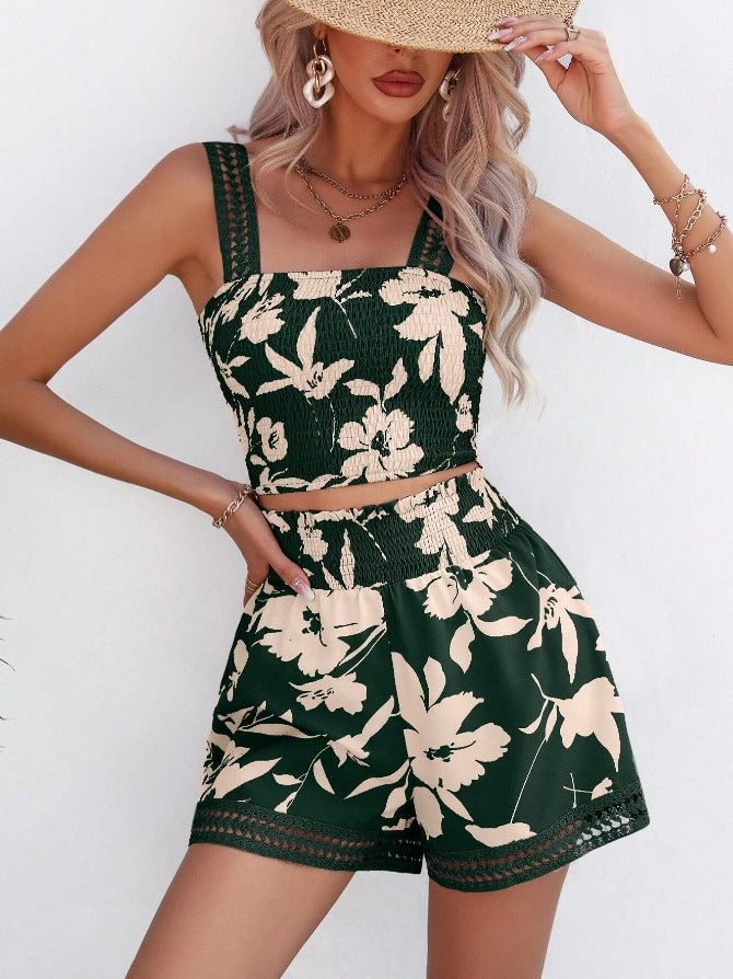 Women's floral print light cotton smock top and shorts set with relaxed fit and crochet-edge detail