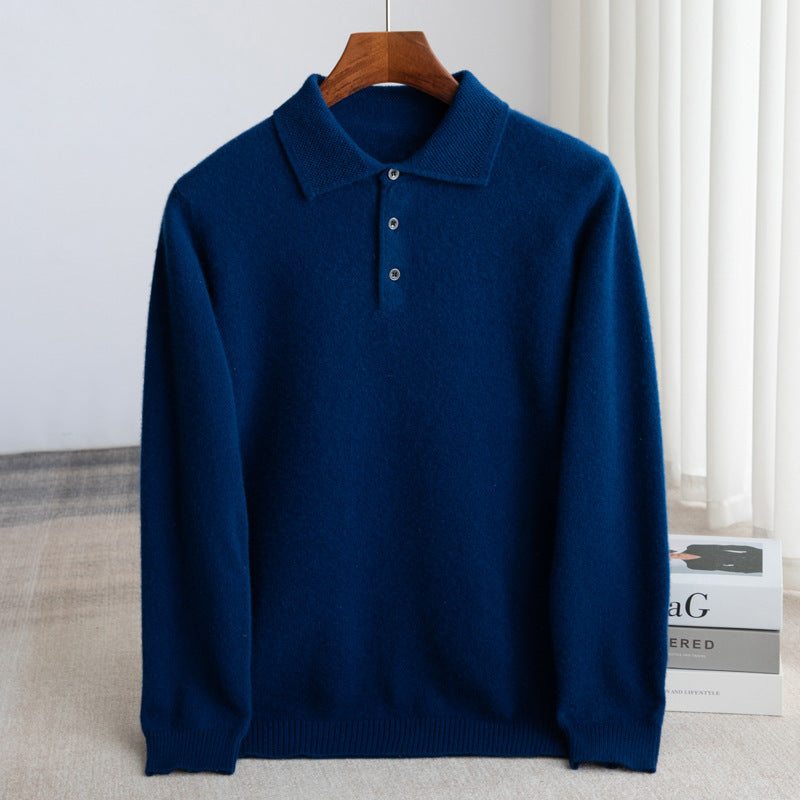 Men's knit polo sweater with structured collar, three-button placket, versatile layering essential