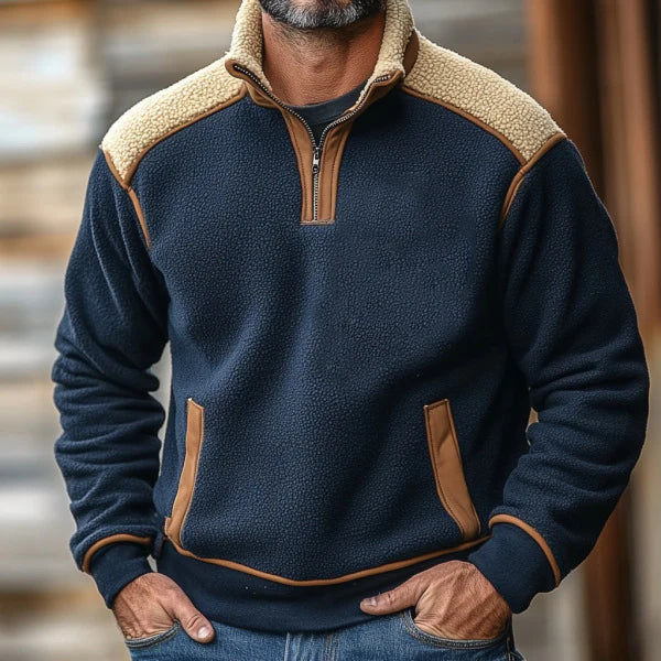 Men's grey fleece pullover relaxed fit stand collar quarter zip with kangaroo pocket