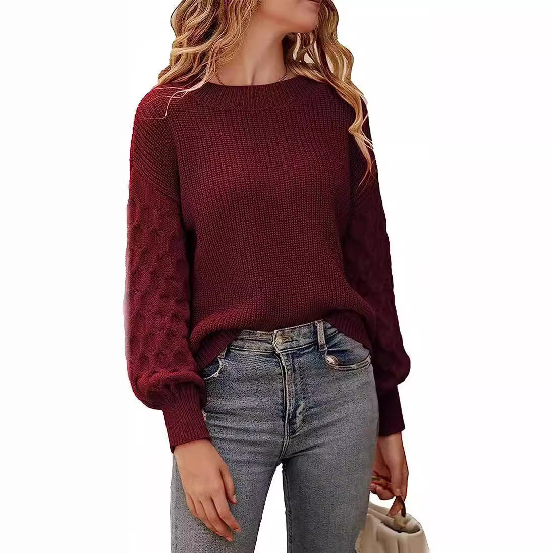 Women's chunky knit sweater relaxed fit with textured sleeve pattern, cozy fall winter style