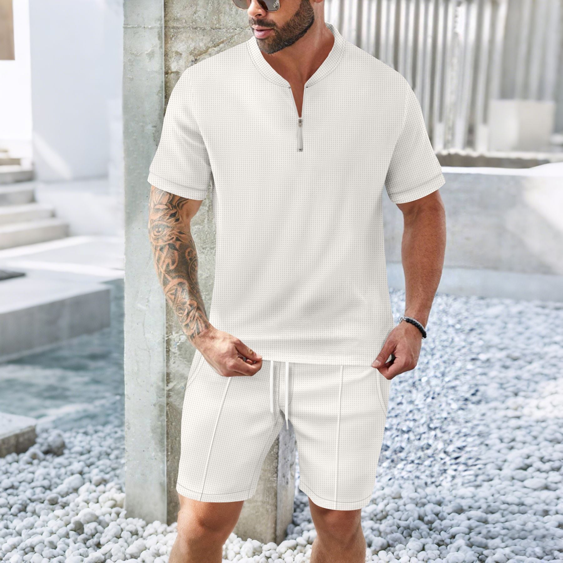 Men's gray relaxed fit zip neck sports set breathable short-sleeve training top and bottoms