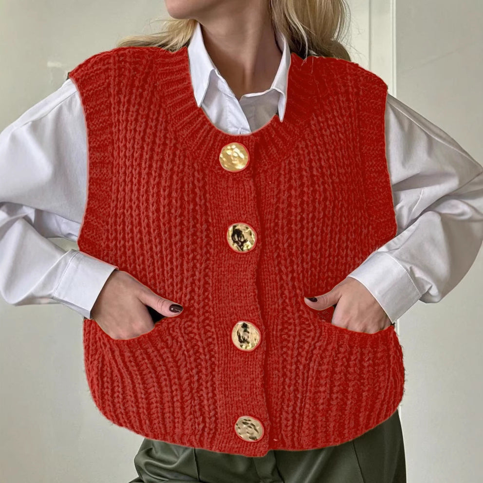 Women's wool blend ribbed knit oversized vest with button front closure and functional pockets