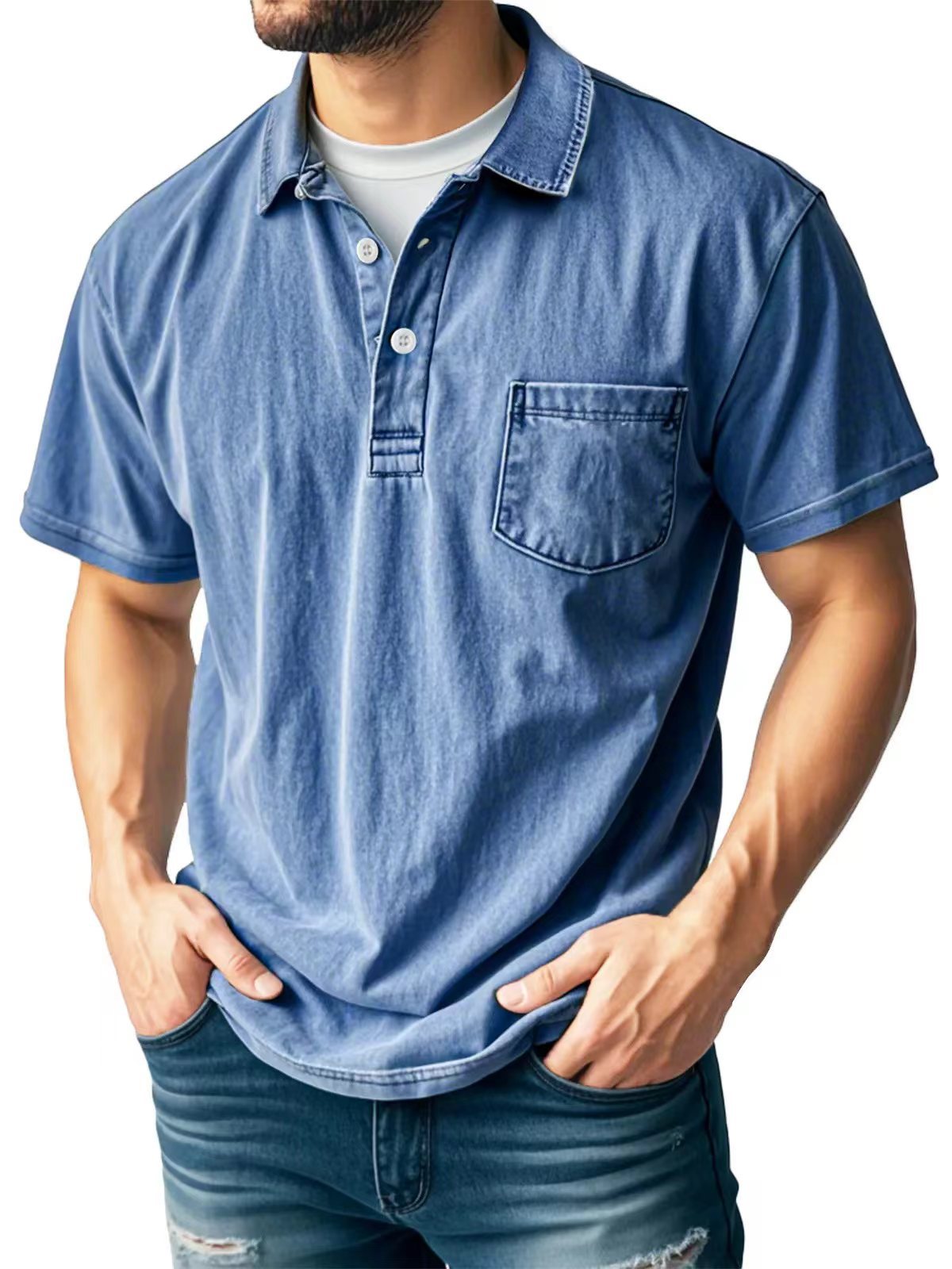 Men's green relaxed-fit polo shirt short sleeve breathable fabric with chest pocket casual summer top