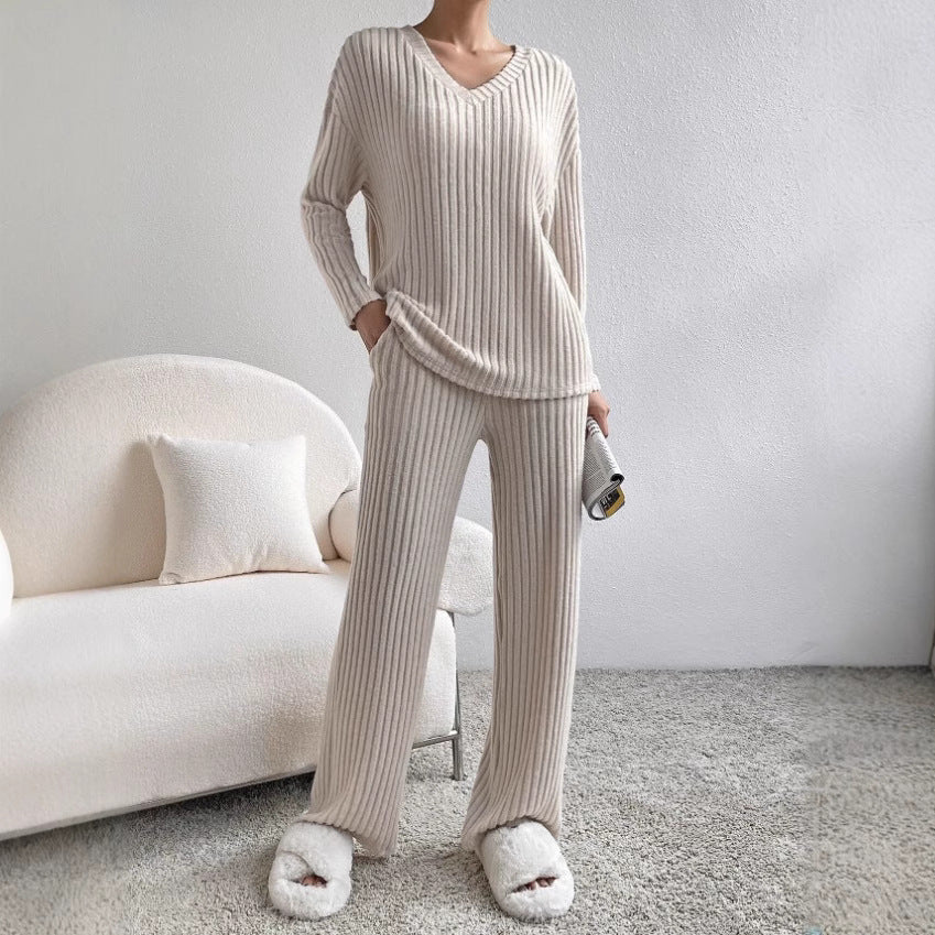 Women's ribbed V-neck top and straight-leg pants set in coordinated cotton knit for everyday style