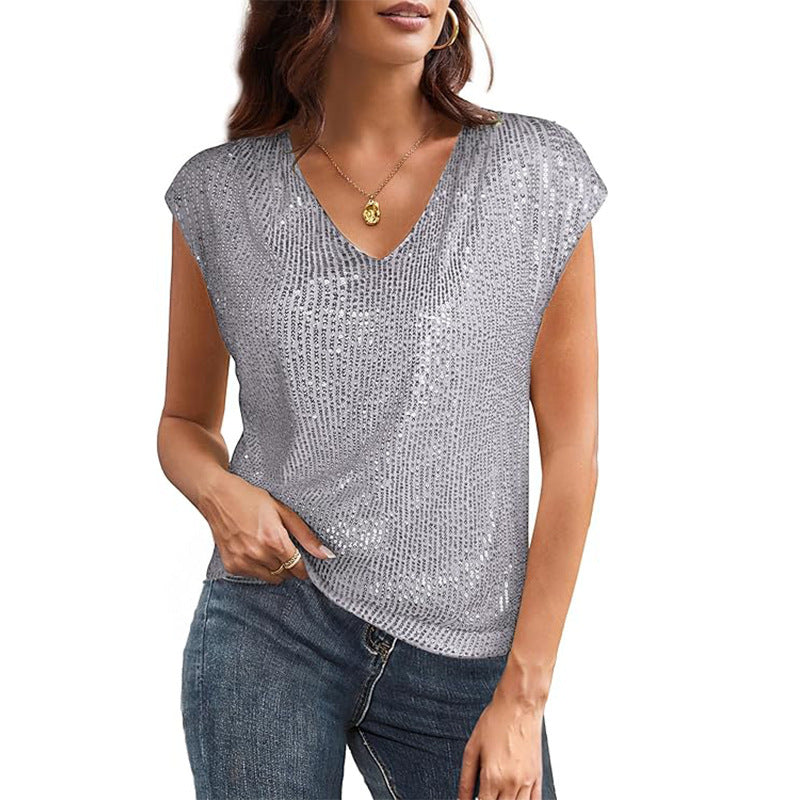 Women's sparkly silver metallic V-neck top short sleeve elegant fit with shimmering threadwork