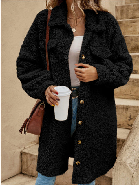 Women oversized plush fleece long coat lapel collar button-down in cozy neutral tone