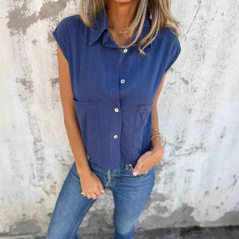 Women's sleeveless utility top relaxed fit breathable cotton-feel fabric button-up warm weather casual