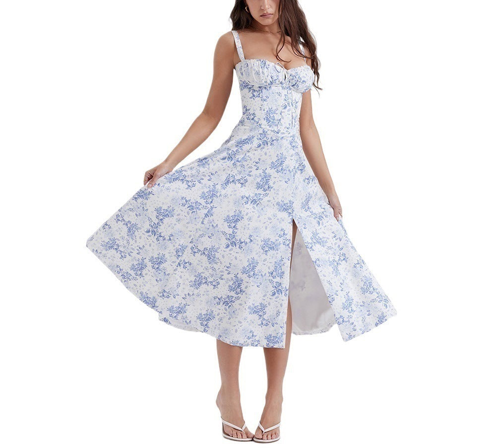Floral print midi dress sleeveless wrap bodice high slit lightweight women's summer fashion