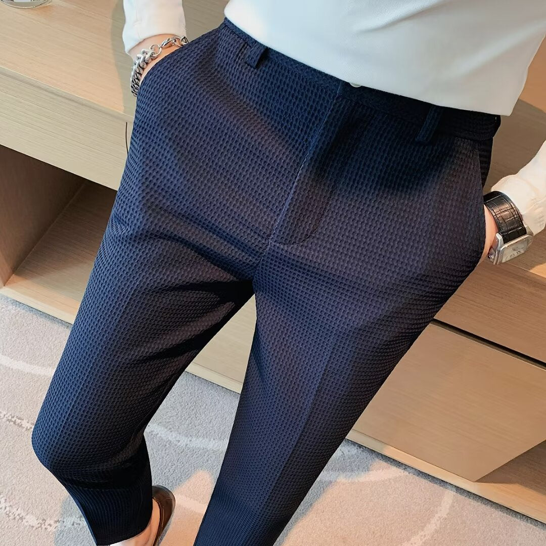 Men's cropped slim trousers in textured lightweight cotton blend with tapered ankle-length cut