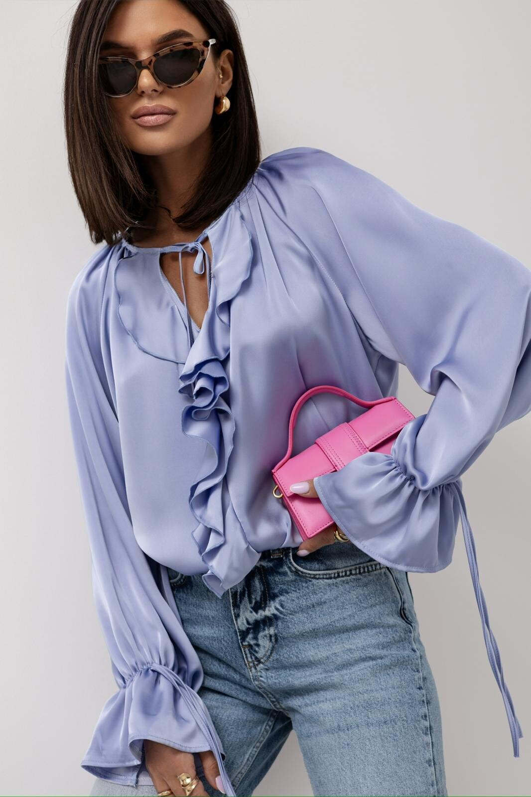 Women's satin blouse tie neck ruffles relaxed fit long sleeves luxurious sheen elegant