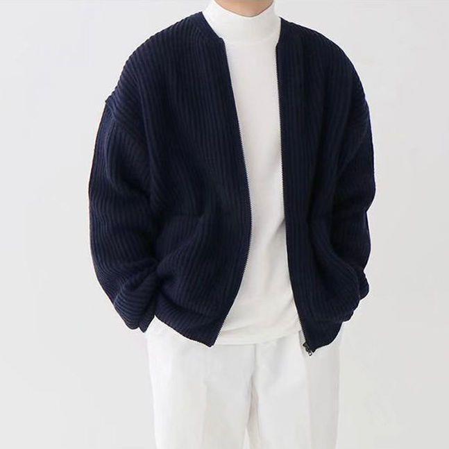 Men's relaxed fit open-front ribbed knit cardigan with wool-like texture for casual everyday layering