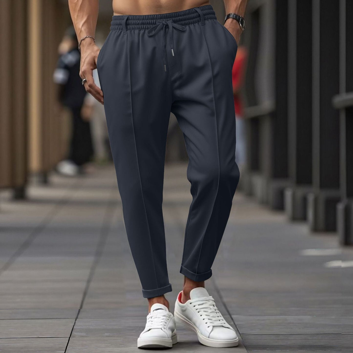 Men's gray cotton-blend straight-leg joggers with elastic waistband, ideal for workout and lounge