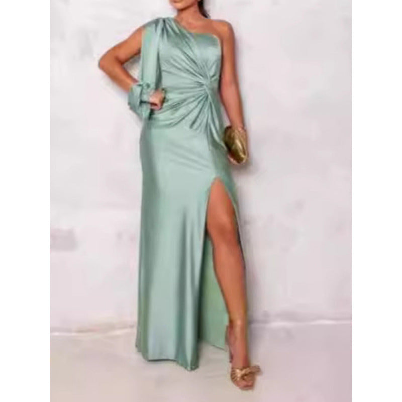 Satin maxi dress single shoulder slim fit high slit elegant evening gown for women
