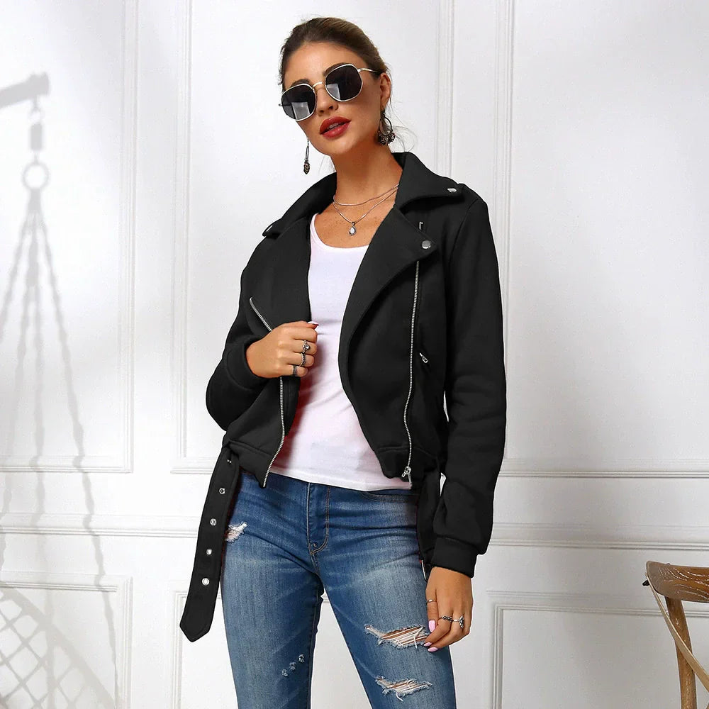 Women's cropped slim fit cotton blend jacket with asymmetrical zip and belted hem