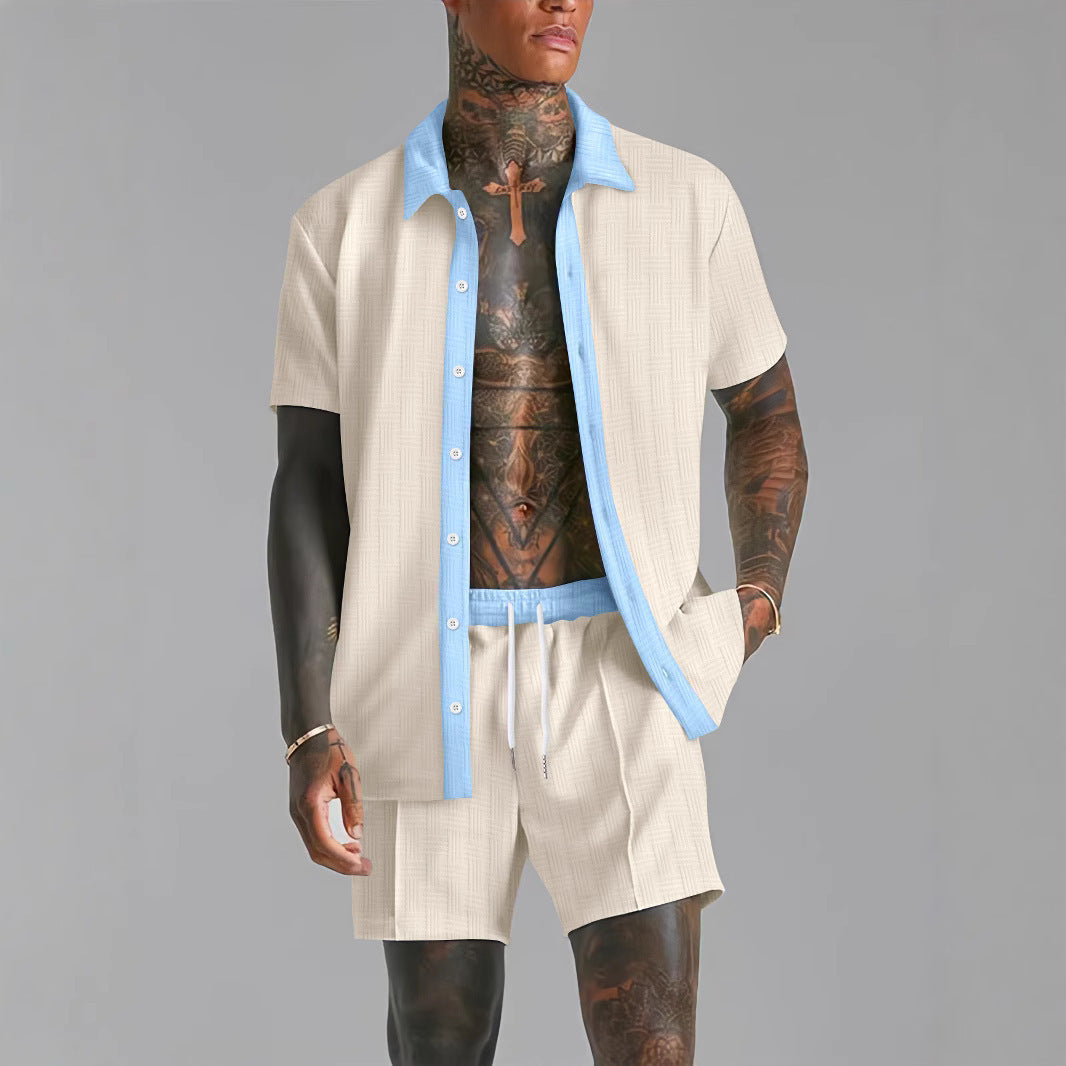 Men's navy cotton blend matching shirt and shorts set with relaxed fit, ideal for travel
