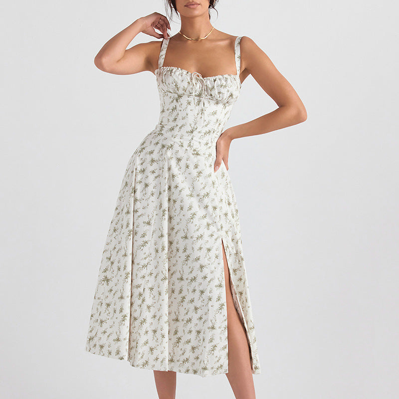 Women's floral print midi dress sleeveless wrap bodice lightweight cotton-blend with high slit