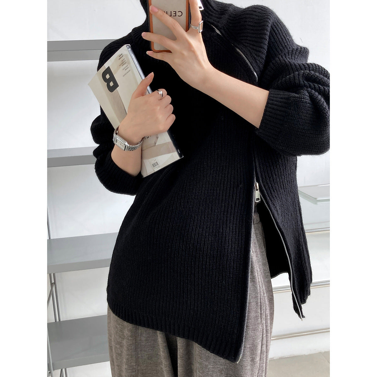Women's wool blend oversized knit sweater with high collar and side zipper, cozy modern fit
