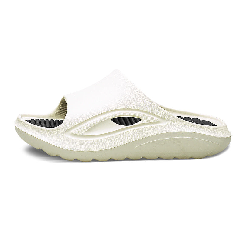 Men's slip-on open toe sandals in neutral tones with wide breathable perforated straps and padded insole
