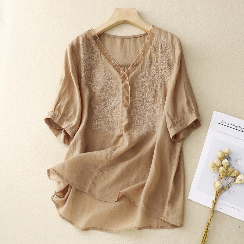 Women's loose-fit V-neck short sleeve shirt with floral embroidery, breathable summer essential
