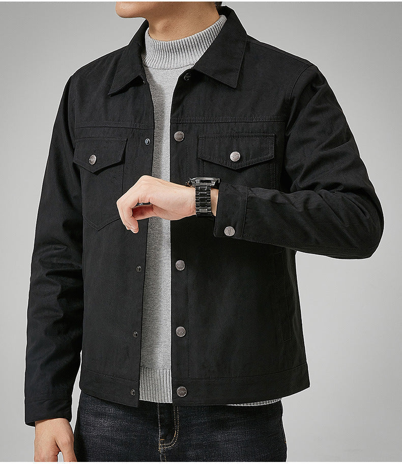 Men's brown suede-style casual jacket with front button closure and chest flap pocket