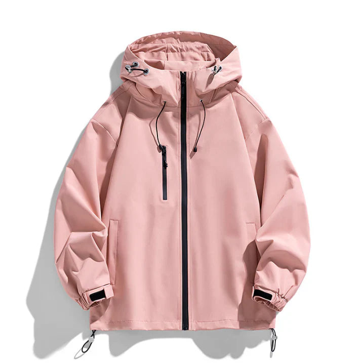 Men's hooded winter ski jacket with full zipper, structured fit for slopes and city wear
