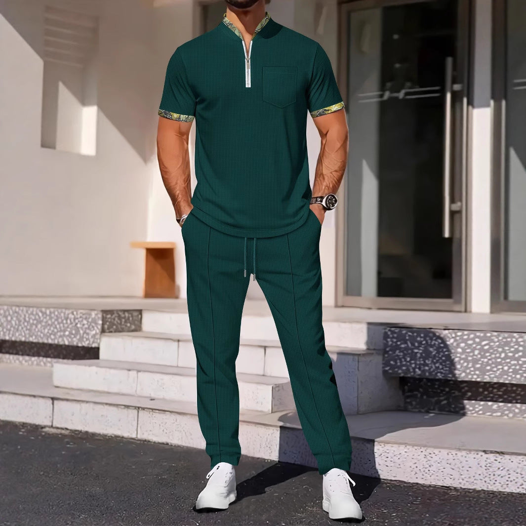 Men's slim fit two-piece set breathable fabric zipper neck chest pocket coordinated top and pants