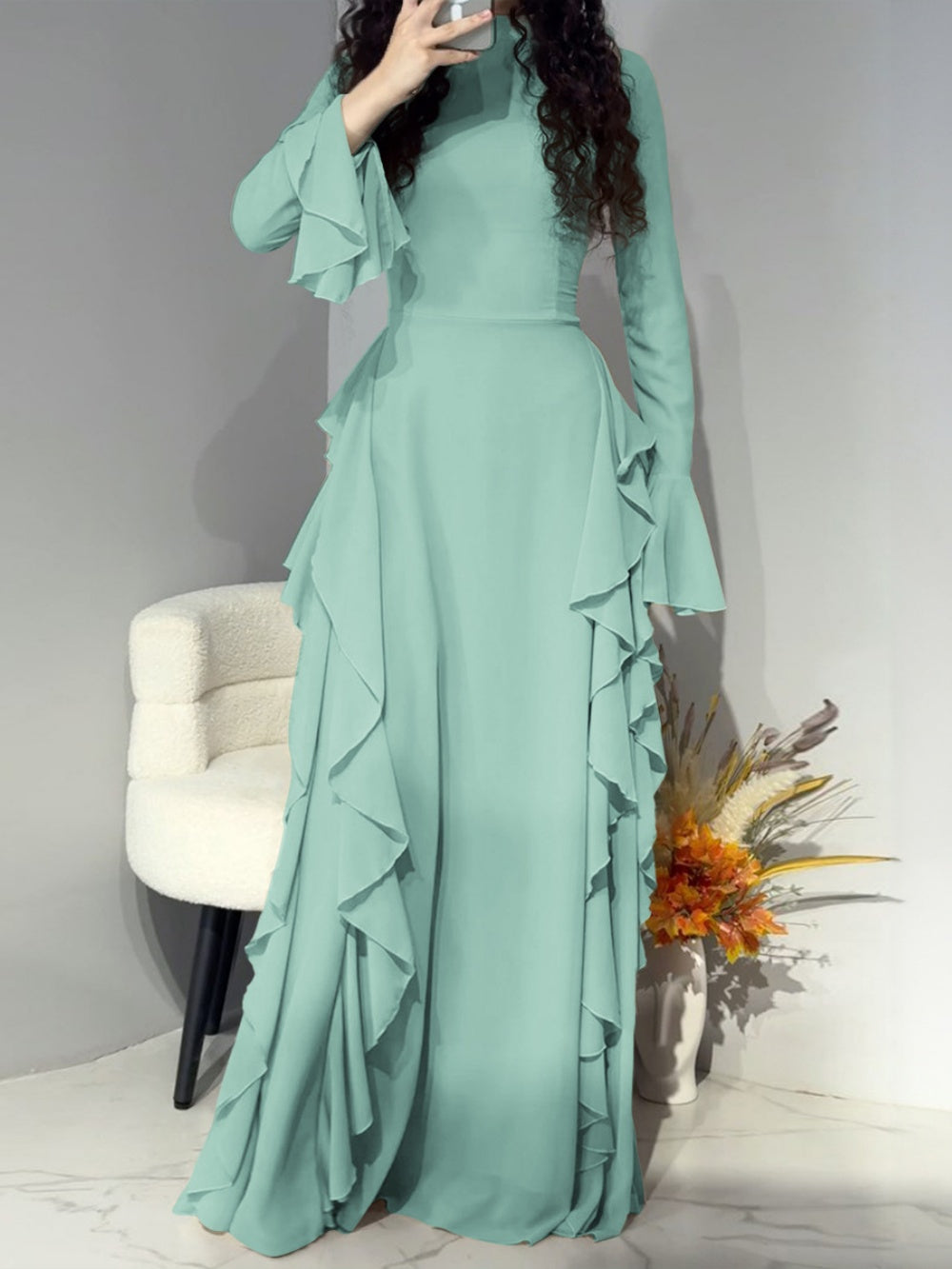 Women's elegant high waist trumpet sleeve dress with ruffles, half collar, solid color irregular hem