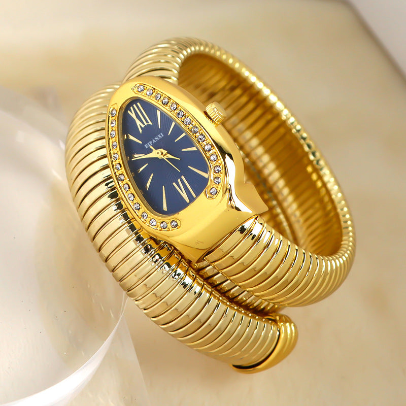 Women's snake bracelet quartz watch lightweight elegant gold-tone wristwear with reptile-inspired band