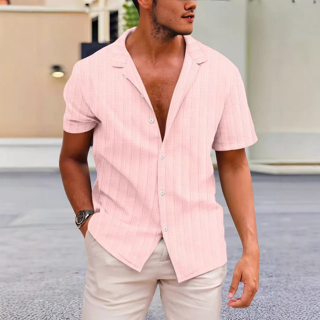 Men's cotton linen blend short sleeve shirt classic fit button closure breathable casual style