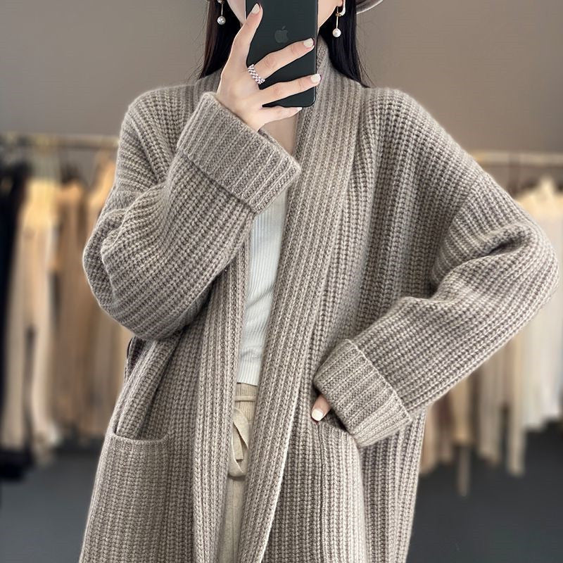 Women's oversized thick wool blend cardigan V-neck neutral tones relaxed cozy knit layer