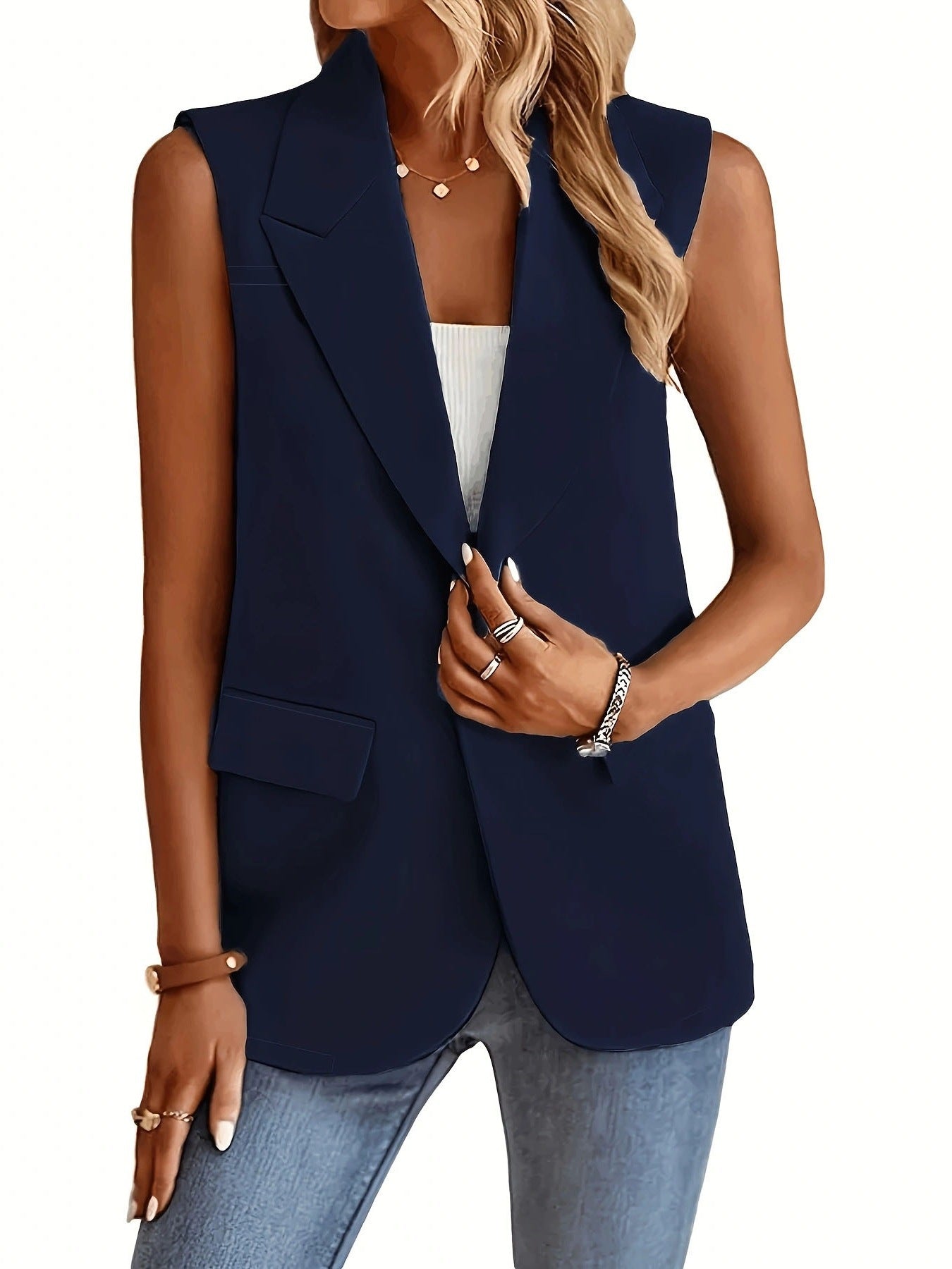 Women's tailored sleeveless blazer vest with notch lapel and single-button closure for professionals