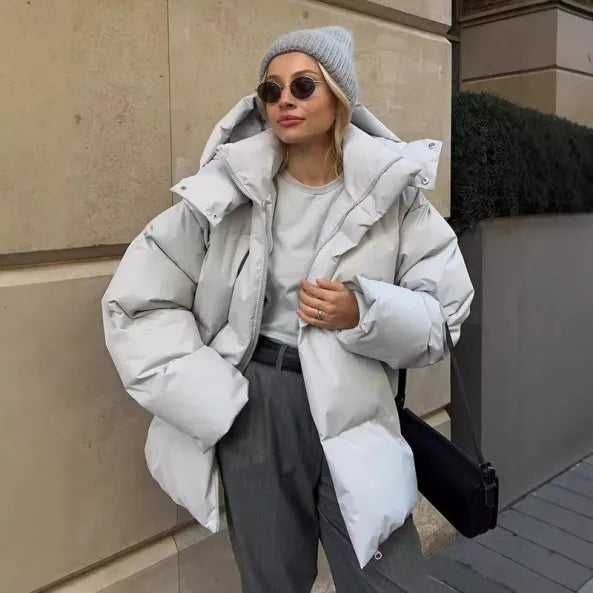 Women's oversized quilted puffer jacket midi length hooded water-resistant cold weather coat